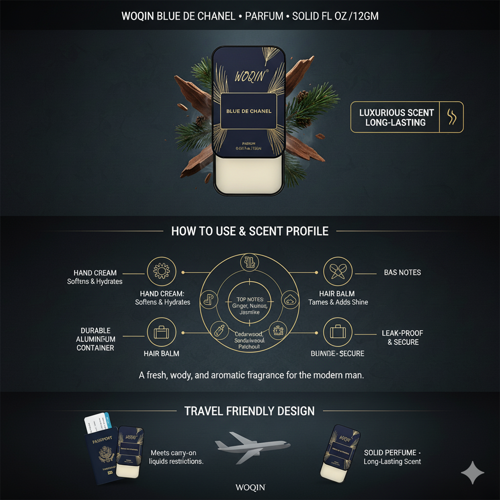 WOQIN® Blu-De-Chanel Solid Perfume | Alcohol Free &amp; Non-Greasy Cologne | Strong &amp; Long Lasting Fragrance | 12g (Blu-De-Chanel Premium Fregrence (Woody, Spicy Oud, Leather))