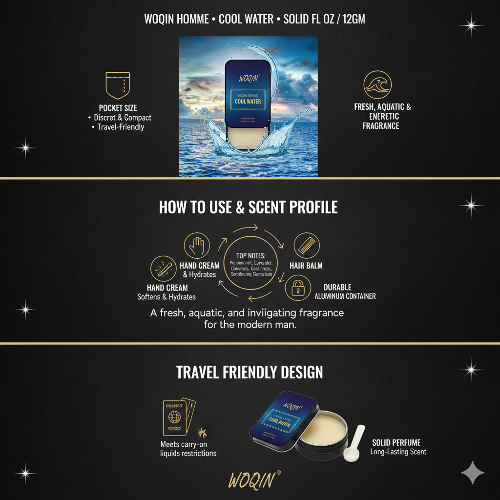 WOQIN® Cool Water Solid Perfume | Alcohol-Free & Non-Greasy Cologne | Fresh & Long-Lasting Fragrance | 12g (Cool Water Premium Fragrance – Aromatic, Aquatic, Fresh)