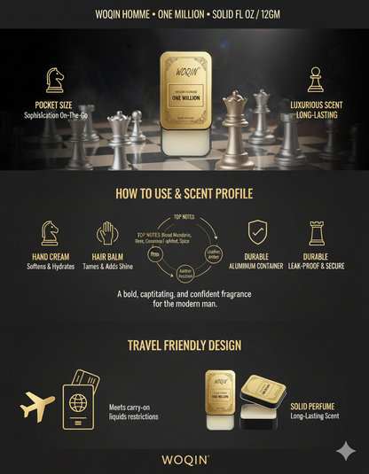 WOQIN® One Million Solid Perfume | Alcohol-Free & Non-Greasy Cologne | Bold & Long-Lasting Fragrance | 12g (One Million Premium Fragrance – Spicy, Woody, Amber)