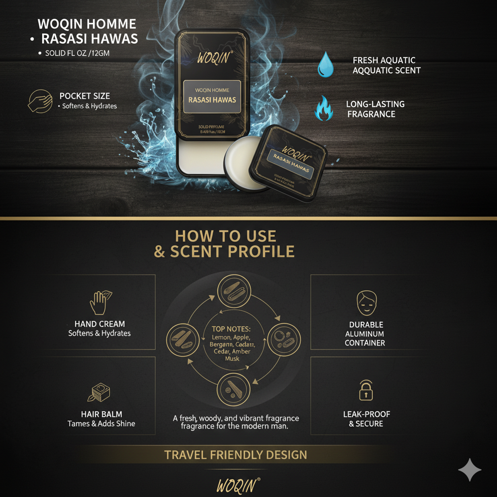 WOQIN® Rasasi Hawas Solid Perfume | Alcohol-Free & Non-Greasy Cologne | Fresh & Long-Lasting Fragrance | 12g (Rasasi Hawas Premium Fragrance – Fruity, Aquatic, Woody)