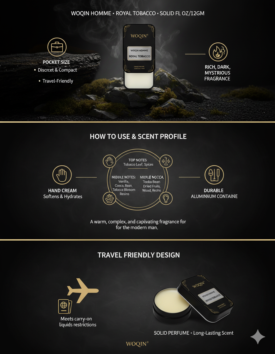 WOQIN® Royal Tobacco Solid Perfume | Alcohol-Free & Non-Greasy Cologne | Warm & Long-Lasting Fragrance | 12g (Royal Tobacco Premium Fragrance – Tobacco, Woody, Spicy)