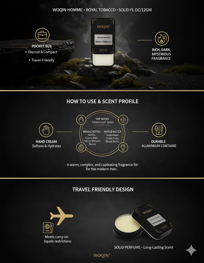 WOQIN® Royal Tobacco Solid Perfume | Alcohol-Free & Non-Greasy Cologne | Warm & Long-Lasting Fragrance | 12g (Royal Tobacco Premium Fragrance – Tobacco, Woody, Spicy)